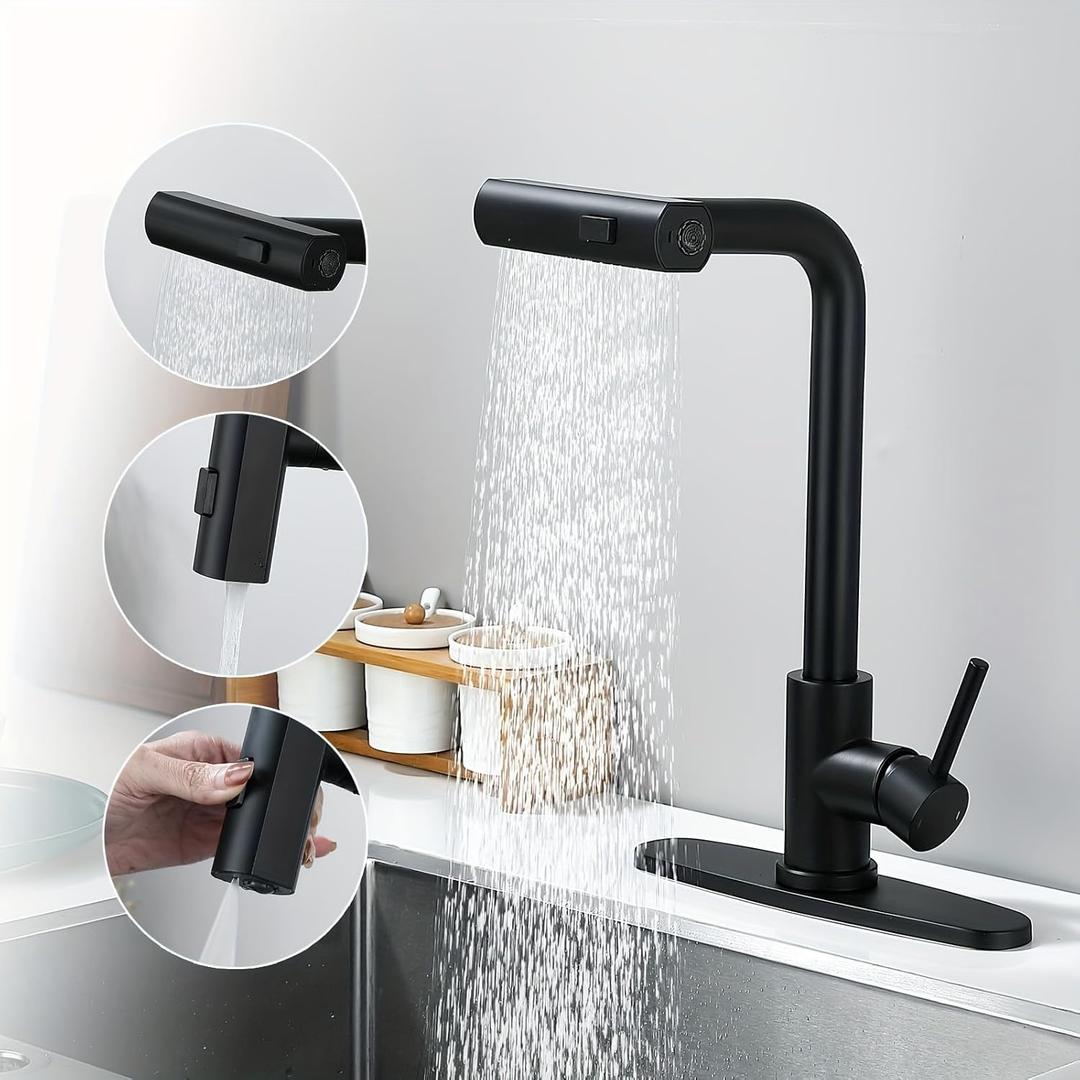 Kitchen Faucet with Pull Down Sprayer, 3 Spray Setting Modes Kitchen Faucet with Sprayer, Matte Black Waterfall Kitchen Sink Faucet Single Lever Handle Faucet for Kitchen Sink RV Bar Sink