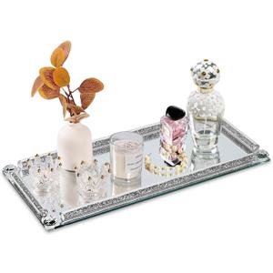 Silver Glass Vanity Tray,Perfume Tray,Mirror Trays for Bedroom Dresser,Decorative Tray for Home Decor Christmas Brithday Gift(Silver Crushed Diamond) (13.8" x 5.9" x 1")