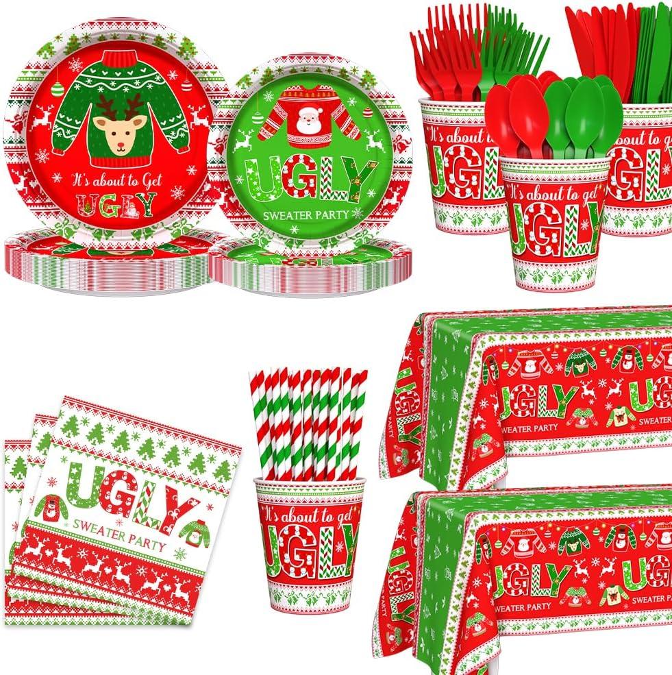 194pcs Christmas Ugly Sweater Decorations Xmas Disposable Dinnerware Set with Includes Plates, Cup, Napkin, Tablecloth, Tableware, New Year Ugly Sweater Party Supplies Plates Serve 24 Guests