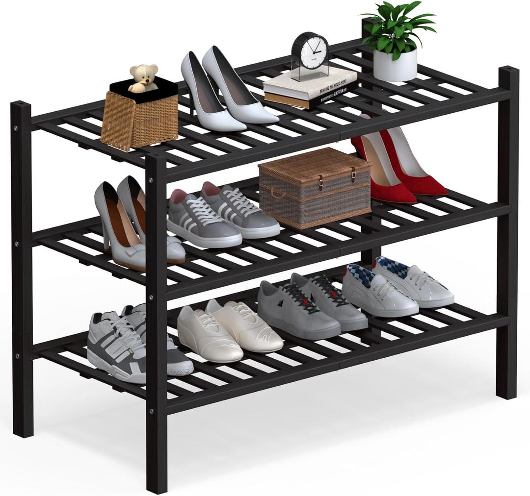 Haddockway Large 3 Tier Bamboo Shoe Rack Storage Organizer, Multifunctional Free Standing Stackable Shoe Shelf with Grid Panel for Closet,Hallway,Entryway,Small Space 27"x12"x21" (Black)