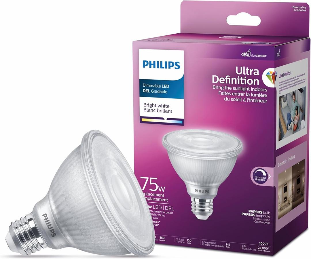 PAR30S Ultra Definition Dimmable LED Light Bulbs - Flicker-Free 75W=9.5W with Eye Comfort Technology - Bright White 3000K Lightbulb - 850 Lumen - E26 Base