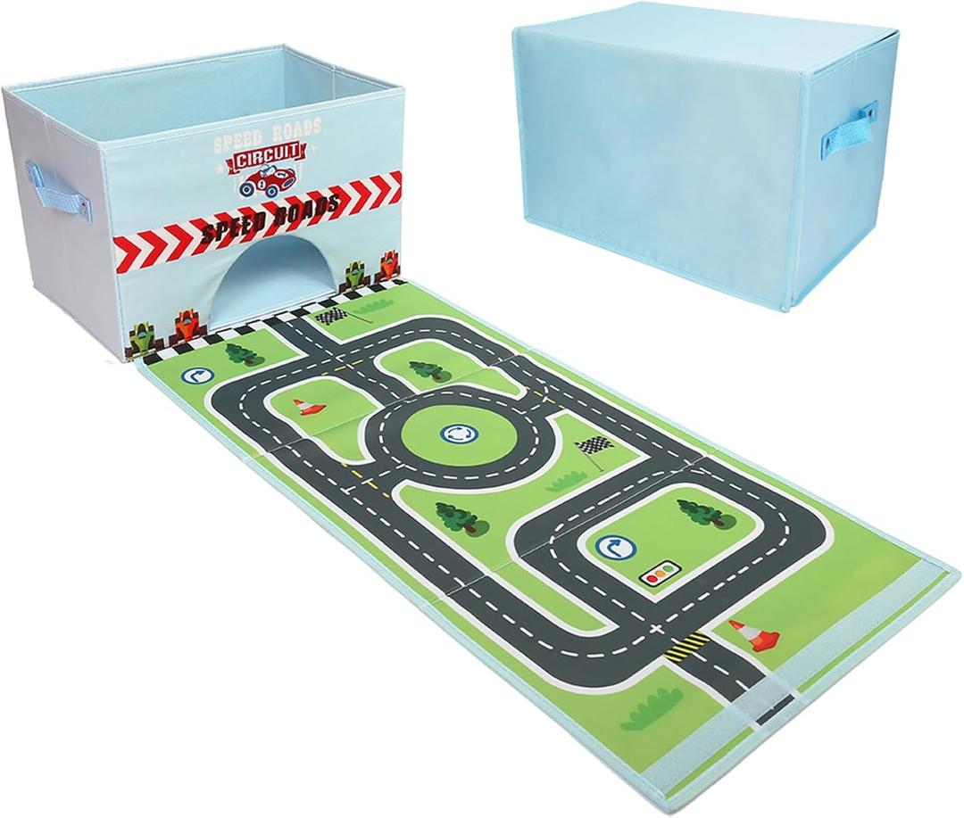 Toy Cars Garage Box - 2 in 1 Toy Storage Car Toys Storage Box with Speed Roads (Not Included Cars)-Sky Blue