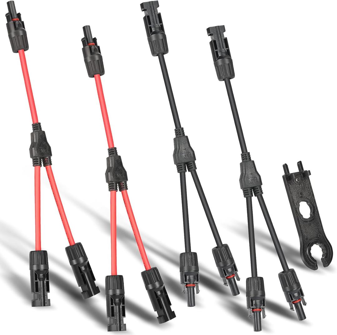 2 Pairs Solar Connectors Y Branch 20A Cable Parallel Adapter Cable Wire Plug Tool Kit for Solar Panel(M/FF+F/MM) 2 Pairs Solar Connectors Y Branch 20A Cable Parallel Adapter Cable Wire Plug Tool Kit for Solar Panel(M/FF+F/MM)