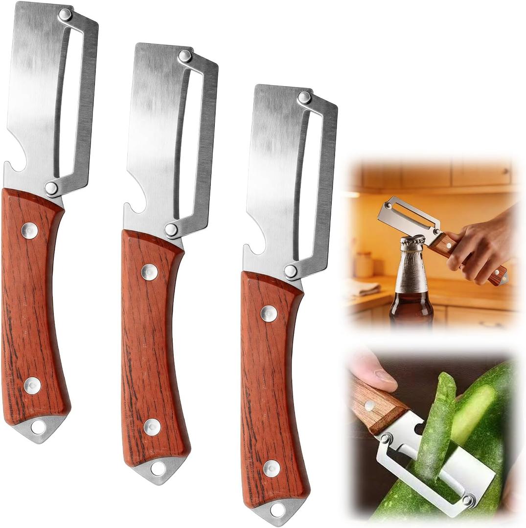 Premium Vegetable Peeler with Wooden Handle and Bottle Opener:2-in-1 Stainless Steel Kitchen Tool for Fruit Potato Apple Papaya Pumpkin,Gifts for Mom (3pc)