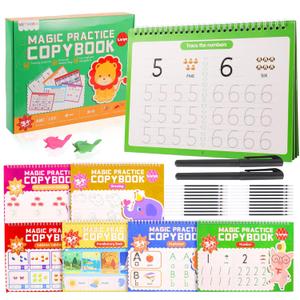 6 Pack Large Grooved Handwriting Copybooks,10.2 x 7.4 In Magic Writing Practice Workbooks with Pens,Reusable Alphabet,Numbers Tracing Books for Kids 3-8,Kindergarten Preschool Learning Activities