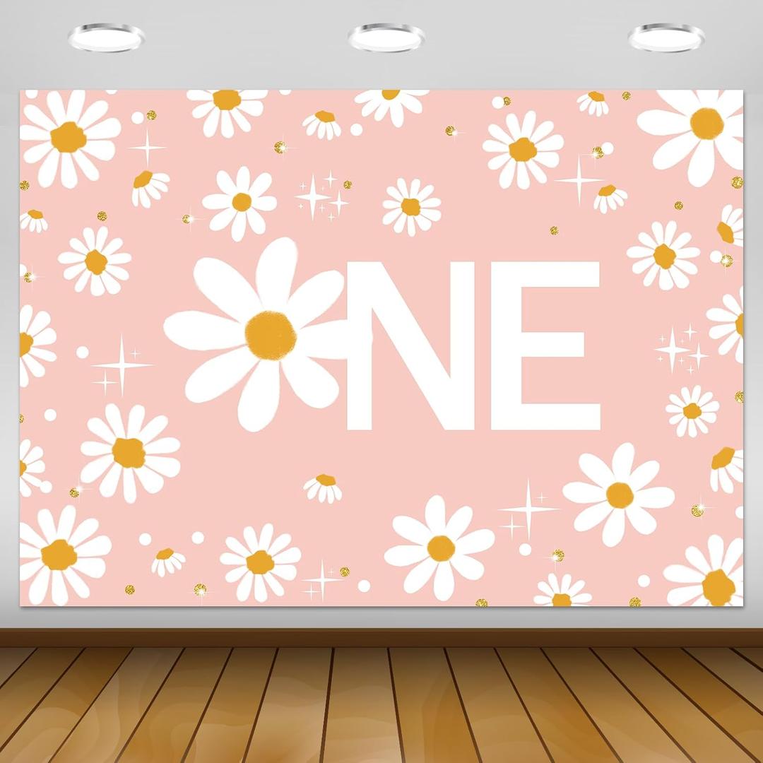 Mocsicka Retro Daisy First Birthday Backdrop Boho Daisy Birthday Background Bohomian Daisy Floral Groovy 1st Birthday Party Decor Cake Table Portrait Photoshoot Studio Props (Pink, 7x5ft)