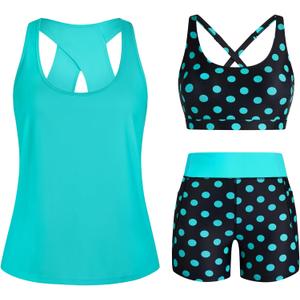 HUSKARY 3 Piece Tankini Swimsuits for Women Swim Tank Top with Bra and High Waist Boy Shorts with Pockets (Medium, Lake Green Polka Dots)