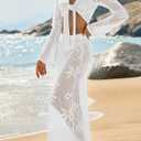 Saodimallsu Womens Crochet Swimsuit Cover up Beach 2 Piece Swimwear Set | Bathing Suit,Crochet Sets,V Neck,Bikini Coverup,Long Sleeve,Pants,Maxi Dress,Skirt,Resort Wear,Sheer,Wrap,Tie,Crop, Boho, Medium