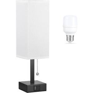 White Small Table Lamp for Bedroom - 3 Color Temperature 3000K 5000K 4000K Bedside Lamp, Pull Chain Control, USB A and C Charging Ports, Black Base, for Kids Office Dorm Nightstand, Bulb Included