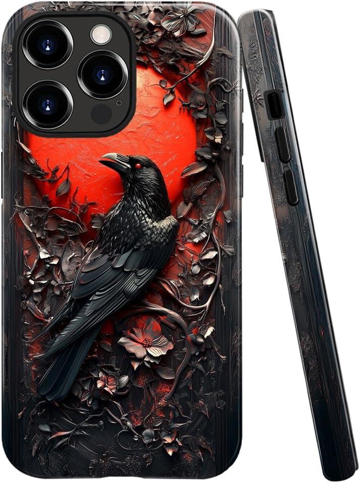DAIZAG Case Compatible with iPhone 16 Pro,Glossy Durable Shock Protection Cover for Girl Women,Crow Bird Moon Gothic Dark Wooden