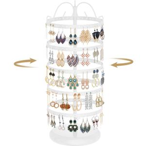 LASZOLA 5 Tier White Earring Holder Organizer Tree Women Display Storage for Stud and Hoop, Large Cool Rotating Clip Stand for Pierced and Dangle Earring, Vertical Metal Tower Carousel with 220 Holes