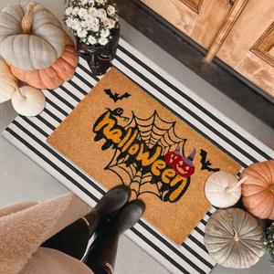 Halloween Front Door Mat Combo Set, Spider Web Coco Coir Welcome Doormat -28" x 43" Black and White Striped Rug, Autumn Fall Porch Entryway Decor Floor Mat