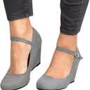 Coutgo Womens Wedge Pumps Dressy Mary Jane Shoes Comfort Wedges Closed Toe Ankle Strap Heeled Shoes (10, Grey)
