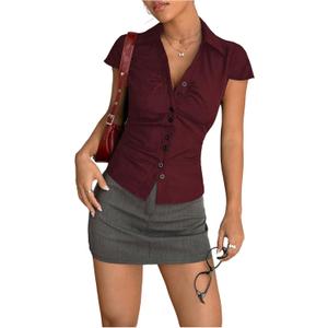 SweatyRocks Women's Ruched Button Down Shirt Short Sleeve Tie Back Fitted Blouses (Medium, Burgundy)