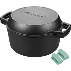 VORRINGARD Pre-seasoned Cast Iron Double Dutch Oven Pot with Skillet Lid, Dual-handle, for Bread Baking, Outdoor, Campfire Cooking, 5 Quart