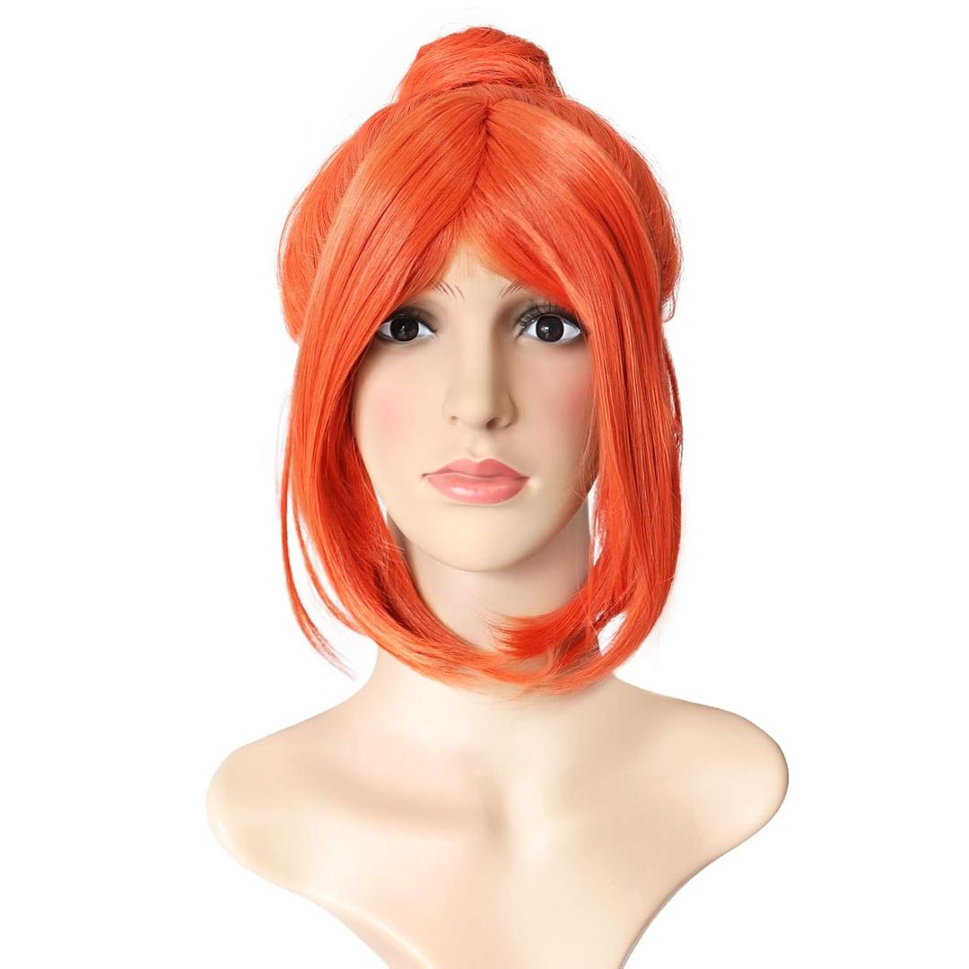 13" Synthetic Orange Hair Short Straight Bob wig with Bangs with One Hair Bun Wig Heat Resistance Fiber Wig for Daily Use, Cosply, Parties and Halloween