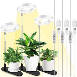 LORDEM Plant Grow Light, Full Spectrum Halo Desk Light, Height Adjustable 7.8"-26", LED Growing Lamp, Automatic Timer 4H/8H/12H, 4 Level Dimmable, Ideal for Indoor Plants, White, 3 Pack