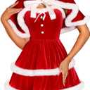 RSLOVE Christmas Outfits for Women - Sexy Christmas Dress with Cape 2Pcs Velvet Santa Costume Xmas Babydoll Furry (Large, Red)