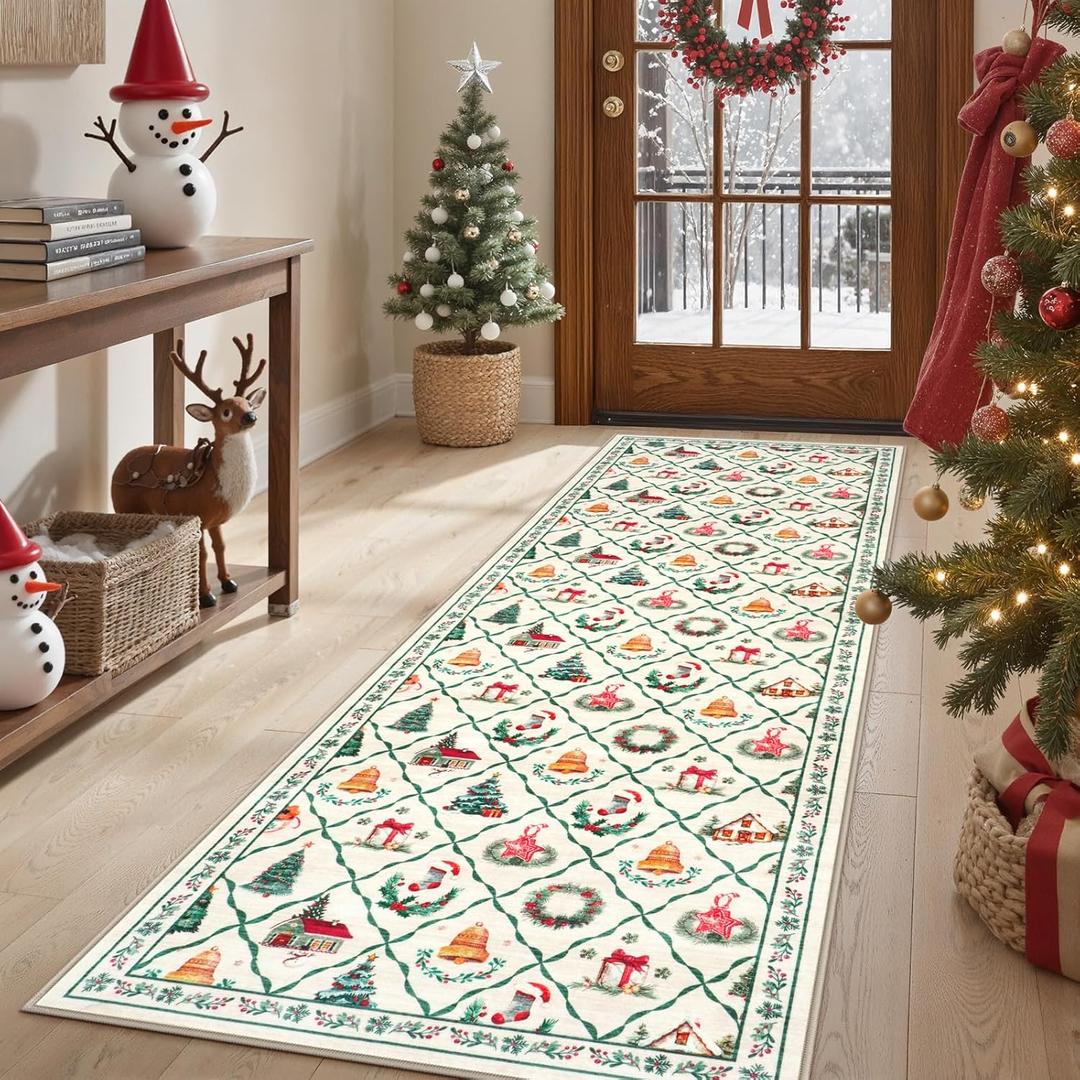 LIVEBOX Beige Christmas Runner Rug 2x6 - Soft Washable Xmas Tree Kitchen Rug Runner, Low-Pile Neutral Rugs for Bedroom Hallway, Non-Skid Farmhouse Rugs Winter Holiday Decor for Entryway Bathroom