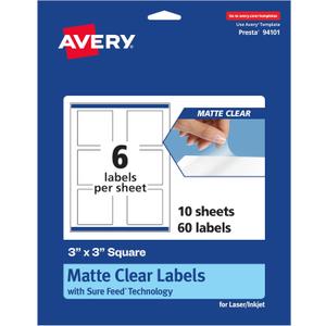 Avery Matte Clear Square Labels, Sure Feed Technology, 3" x 3", 60 Matte Clear Labels, Print-to-The-Edge, Laser/Inkjet Printable