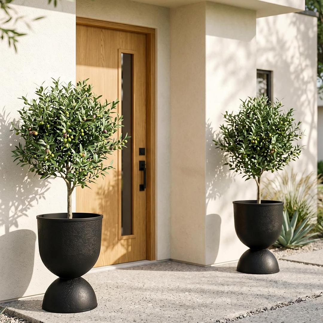 KOL Planters Flower Pots, Plastic Urn Planters for Indoor Outdoor Plants, Black Pedestal Planter Pots 2 Pack, 15 Inch Tall Decorative Planters with Drainage Holes & Plugs for Front Porch Patio Garden