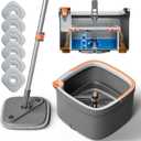 Spin Mop and Bucket Set with 6 Replaceable Microfiber Mop Pads with Self Separation Dirty and Clean Water System, Self Wringing 360° Rotating Square Mop Head for Hardwood Tile Marble Floors