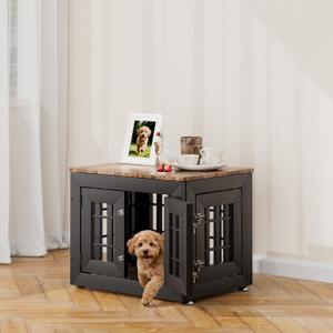 Snuowu 26" Heavy-Duty Dog Crate Furniture for Small/Medium Dogs, Rustic Wooden Dog Cage Kennel Indoor Furniture, Decorative Pet House End Table, Black & Wood