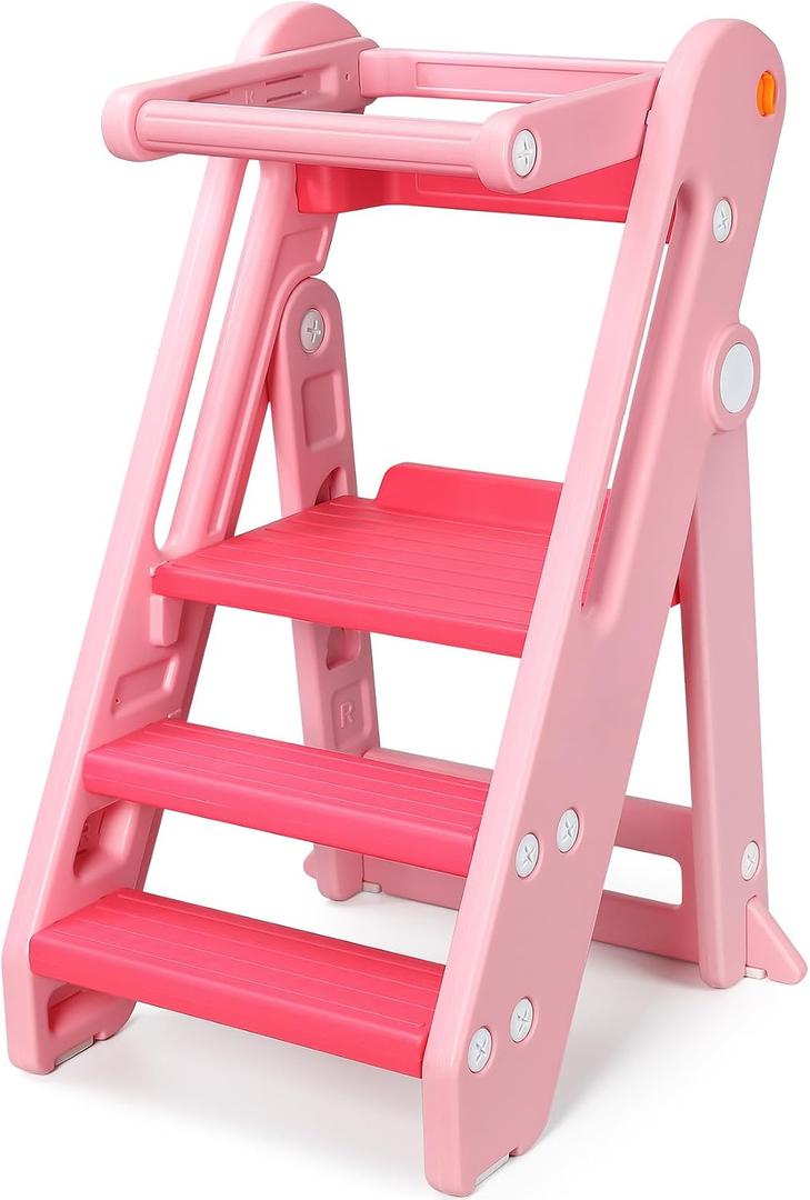 Onasti Toddler Tower Kitchen Stool Helper - Foldable & Adjustable Height Kids Learning Stool for Kitchen Counter Bathroom Sink, Child Ladder for Toddlers with Handles, Safty Rail, Non-Slip Pads-Pink