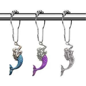 Sea Mermaid Shower Curtain Hooks Rings, Ocean Shower Hooks for Shower Curtain, Silver Metal Shower Hooks Rust Proof Decorative Shower Curtain Set Accessory, Beach Theme Bathroom Decor, 12Pcs