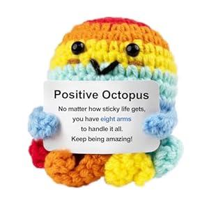 5 x Inspirational Positive Crochet Animals, Kitted Emotional Support for Stress Relief, Cheer Up Decor for Girlfriend, Partner, Daughter, Valentines Day Gift for Women Mental Health (Positive Octopus)