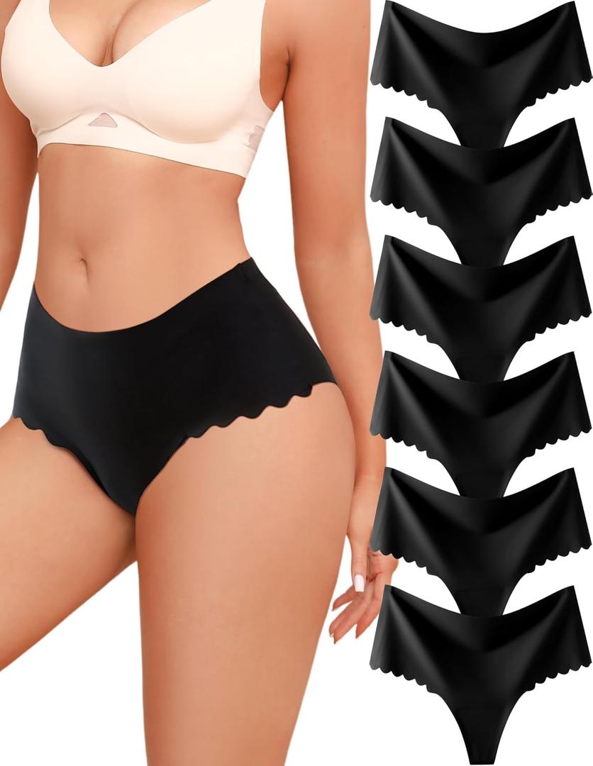 Thongs for Womens High Waisted Seamless Underwear for Women 6 Pack Wave Edge No Show Sexy Panties (Large)
