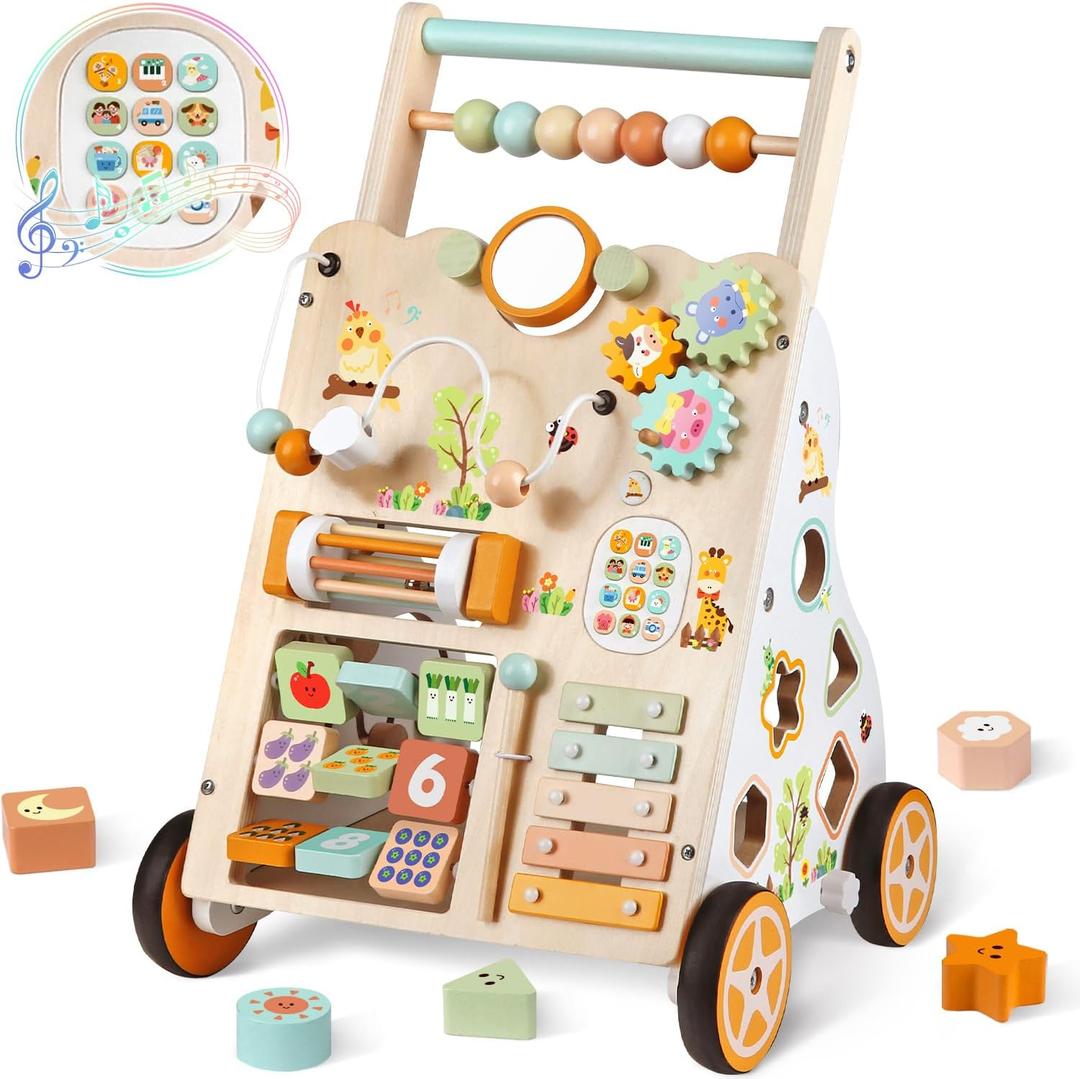 Baby Push Walker, Wooden Baby Walker with Wheels, Montessori Activity Center for 1 2 3 Years Old Boys Girls, Adjustable Speed & Height Push Toy for Toddler Learning to Walk, Kids Development Gift