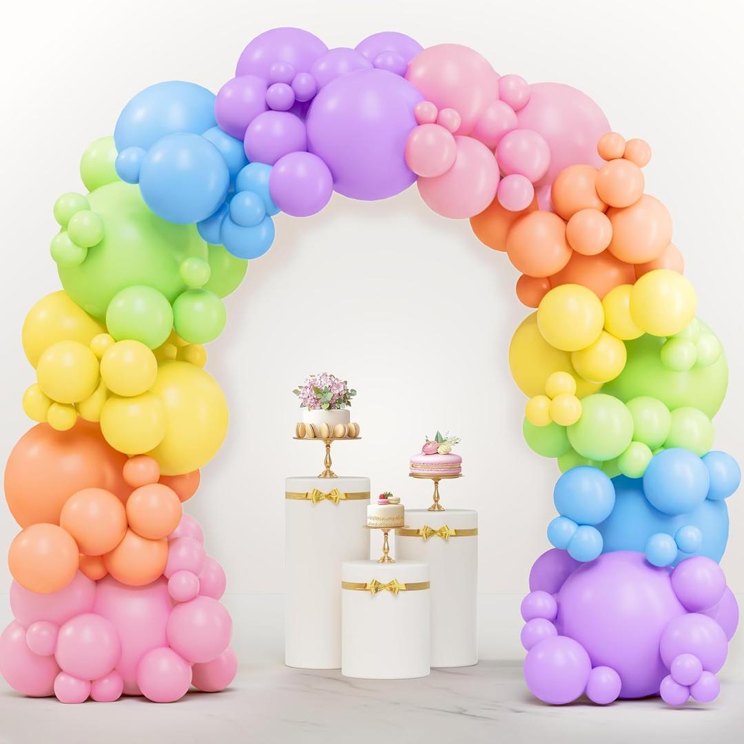 JOYIN 144 Pcs Pastel Rainbow Balloon Arch Kit, 6 Assorted Pastel Colors Balloons Arch Kit Different Sizes 18 12 10 5 Inch with Instruction for Birthday Party Baby Shower Wedding Party Decoration