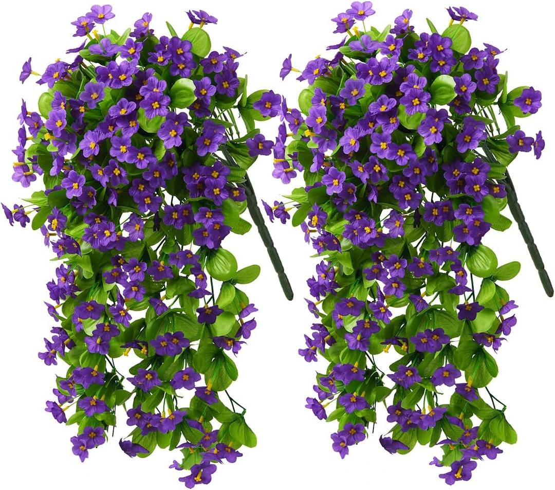 2PCS Artificial Hanging Flowers, Fake Hanging Plants Violet Vines UV Resistant for Wall Home Room Garden Wedding Indoor Outdoor Spring Summer Decoration(Purple)