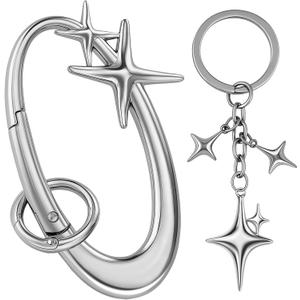 Zkptops 2Pcs Star Carabiner Y2K Keychain Aesthetic Star Moon Keychain Silver Fashion Key Chain Key Ring Accessory for Men Women