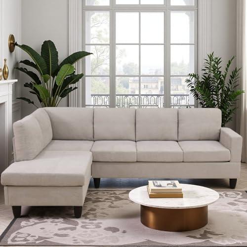 Trygoal Modern L-Shaped Sectional Sofa with Chaise Lounge, 4-Seater Fabric Couch with High-Density Foam Cushions, for Living Room, Apartment, Studio, Easy Assembly, Off-White