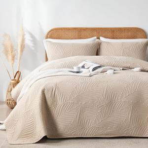OARAGE King Quilt Bedding Set Lightweight Soft Beige Bedspread Coverlet with Leaf Pattern,Ultrasonic Microfiber Bed Cover Set for All Season 3 Pieces (1 Quilt, 2 Shams) (King/Cal king(96"x 110")