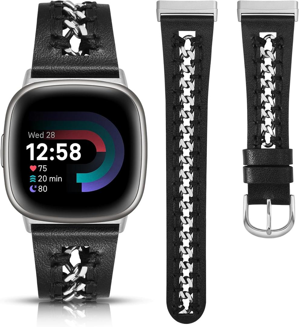 Minyee Leather Band Compatible with Fitbit Versa 4/3/Fitbit Sense 2/1 Bands Women, Dressy Premium Leather Designer Strap with Stainless Steel Metal Chain for Versa 3 4 Sense 2 Smartwatch (Black/Silver)