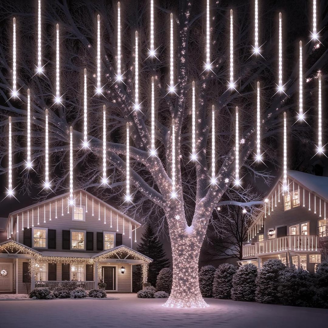 PEMOTech Christmas Lights Outdoor, [Timing Function] 24 tubes 30cm 576 Led Meteor Shower Lights, Waterproof Christmas Decorations Icicle Light for Christmas Trees Halloween Party, Ul Plug, Cool White