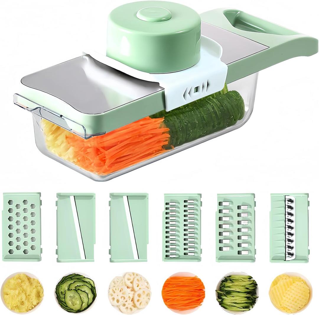Vegetable Chopper, Mandoline Food Slicer Cutter with Handheld Container, 6 Blades and Blade Box, Cucumber Slicer, Magnetic Kitchen Tools for Veggie Potato Onion Butter Carrot (Green, 8 in 1)