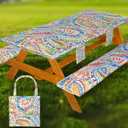 Fitted Picnic Table Cover with Bench Covers Waterproof Elastic Edges Rectangle Patio Tablecloth Outdoor Camping Essentials Stuff Rv Accessories Summer Trip Travel Supplies Party Camper Gifts, 8 ft
