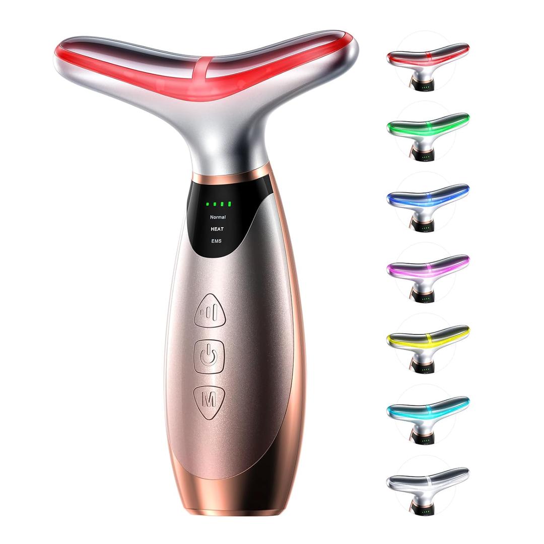 Pedete Facial Massager, 7 Colors Red Light Therapy for Face and Neck, Face Lift Device with 113F Heating Vibration for Multi Skin Care (Silver)