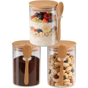 Set of 3 Airtight Glass Jars with Bamboo Lids and Spoons - 20oz Decorative and Durable Borosilicate Glass Canisters Perfect for Storing Coffee Beans,Tea,Flour,Sugar,Nuts,Candy,Bath Salts and More