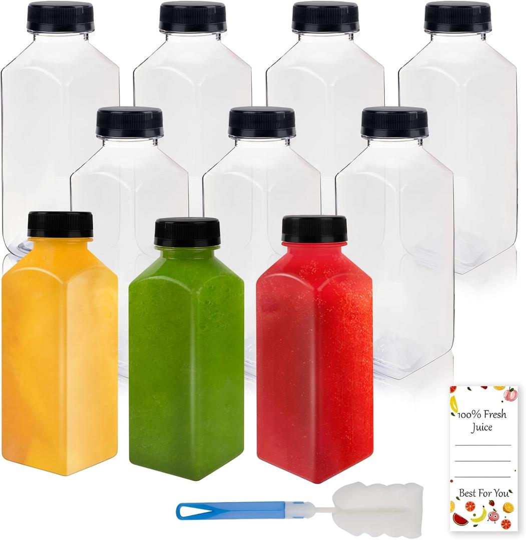 10 Pcs 12oz Plastic Juice Bottles With Caps, Reusable Food Grade Chear Juice Containers for Juicing, Smoothies, Coffee, and Other Beverages