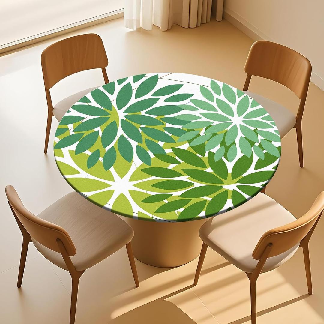Dark Light Green Round Fitted Tablecloth Elastic Edged Floral Table Cover Waterproof Wipeable Table Cloth Tablecloth Fits Tables up to 45"-56"