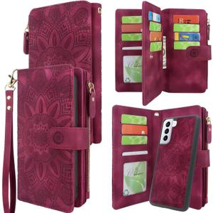 Harryshell Detachable Magnetic Zipper Wallet Leather Case Cash Pocket with 12 Card Slots Holder Wrist Strap for Samsung Galaxy S21+ S21 Plus 5G 6.7 Inch (2021) Floral Flower (Wine Red)