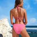 seamoly Women's Bikini Sets Toweling Jacquard Textured Halter Two Piece Swimsuits Open Back Cheeky High Cut Bathing Suit (Pink, M)