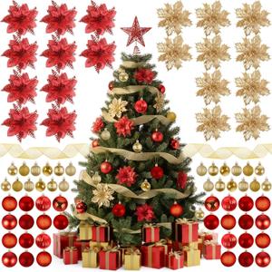 Skylety 104 Pcs Christmas Tree Decorations Set, Red & Gold Christmas Hanging Ornament Ball Tree Star Topper Artificial Poinsettia Flower Ribbon Matching Gift Box for Xmas Party Decor
