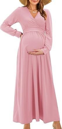 Fall Maternity Maxi Dress Long Sleeve Wrap V Neck Baby Shower Pregnancy Dresses for Photoshoot Maternity Clothes XL