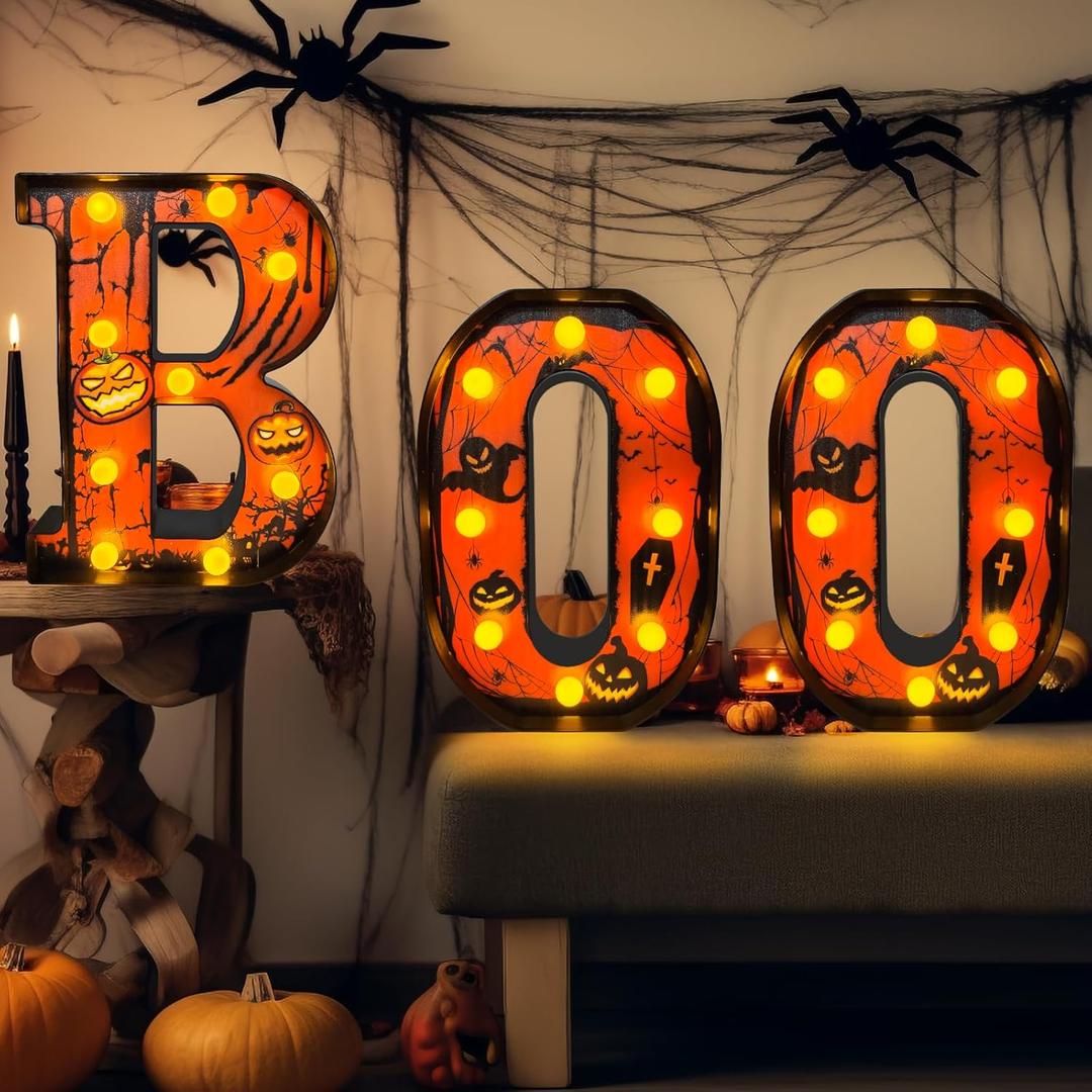 Halloween Decorations, 3 LED Light up Letters''boo''sign, Halloween Home Decor, Halloween Signs for Halloween Indoor and Outdoor Home, House Room, Kitchen, Fireplace, Tabletop Party Supplies